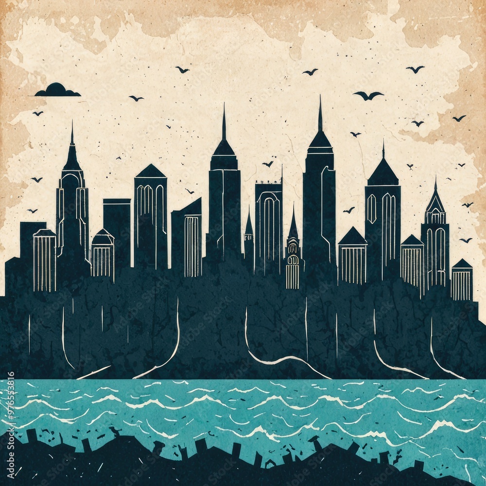 Obraz premium Rising Sea Level Cityscape Flooding Coastal Urban Areas Climate Change, Conceptual illustration, Generative AI