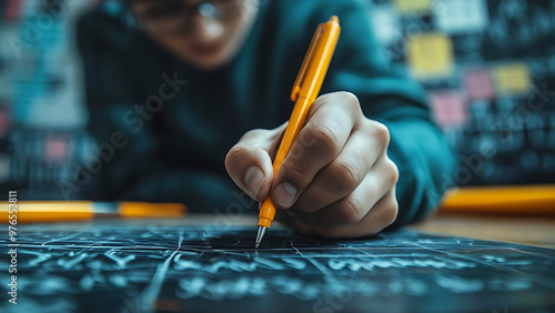 A person's hand holding a yellow pen over a complex, dark blue drawing.