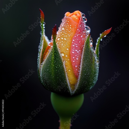 A single rose bud with droplets of water on it. The droplets are in the center of the flower and are surrounded by the petals. The flower is a mix of red and yellow, giving it a vibrant