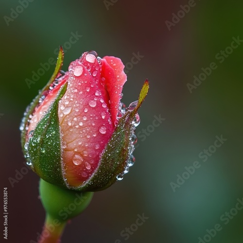 A single rose with dew drops on it. The rose is pink and has a green stem. Concept of freshness and beauty, as the dew on the rose adds a touch of natural elegance to the scene