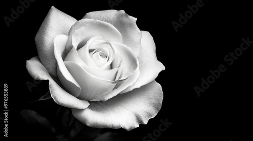 A single white rose is the main focus of the image. The rose is the only thing visible, and it is the only color in the image. The black background emphasizes the white rose