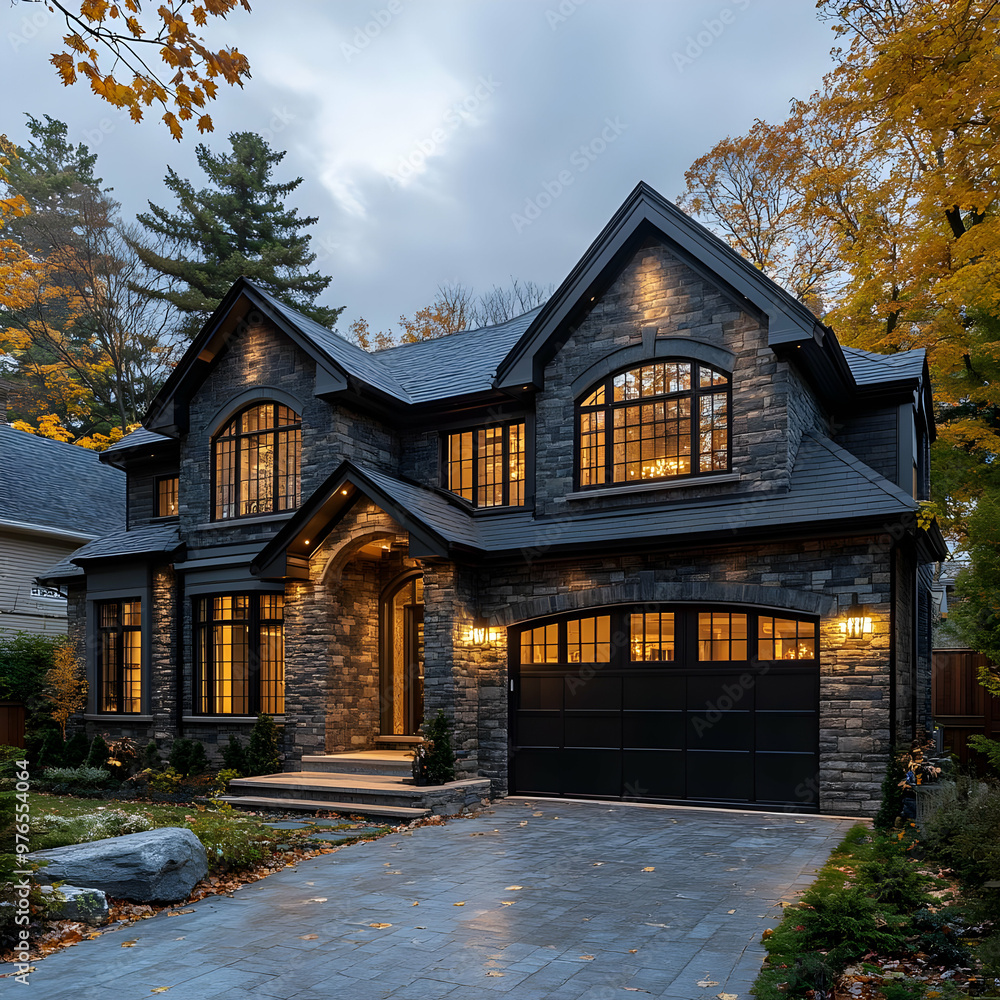 Luxury Stone and Slate Home Exterior Photo - Autumn Evening Luxury Stone and Slate Home Exterior Photo - Autumn Evening