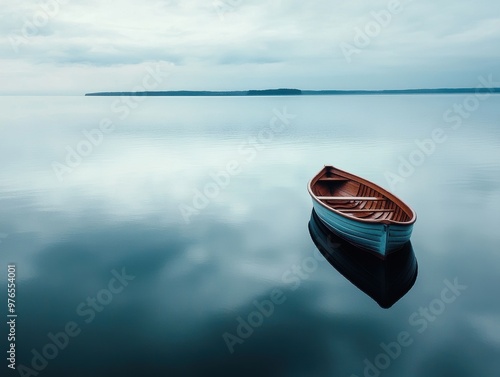 A small boat sits in the middle of a large body of water. The water is calm and still, with no ripples or waves. The boat is the only object in the scene