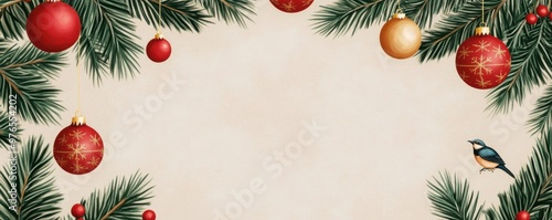 Festive Christmas border with pine branches, colorful ornaments, and a bird, perfect for holiday greetings or invitations.