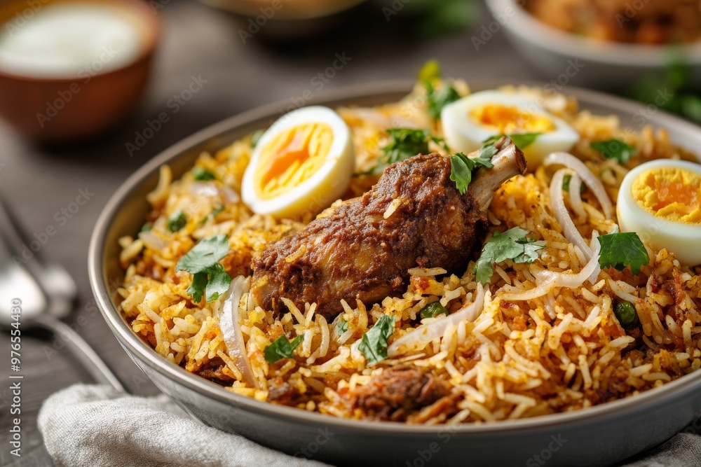 Biryani, A fragrant rice dish cooked with aromatic spices, meat (such as chicken, mutton, or fish), and sometimes vegetables Biryani, A fragrant rice dish cooked with aromatic spices, meat (such as chicken, mutton, or fish), and sometimes vegetables