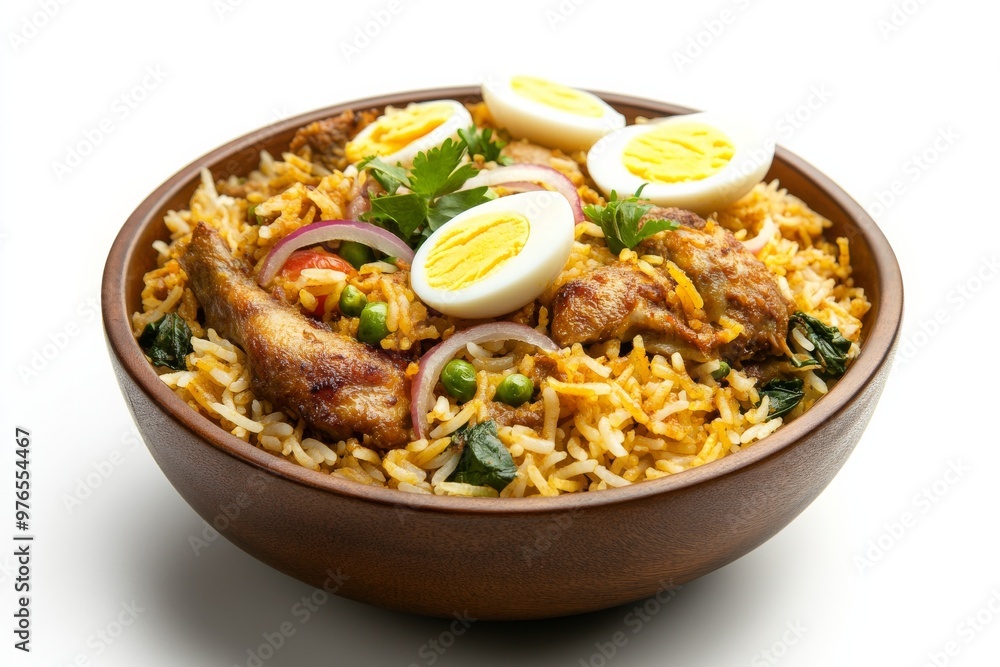 Biryani, A fragrant rice dish cooked with aromatic spices, meat (such as chicken, mutton, or fish), and sometimes vegetables. isolated on white background Biryani, A fragrant rice dish cooked with aromatic spices, meat (such as chicken, mutton, or fish), and sometimes vegetables. isolated on white background