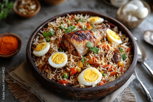 Biryani, A fragrant rice dish cooked with aromatic spices, meat (such as chicken, mutton, or fish), and sometimes vegetables, often garnished with fried onions and boiled eggs.