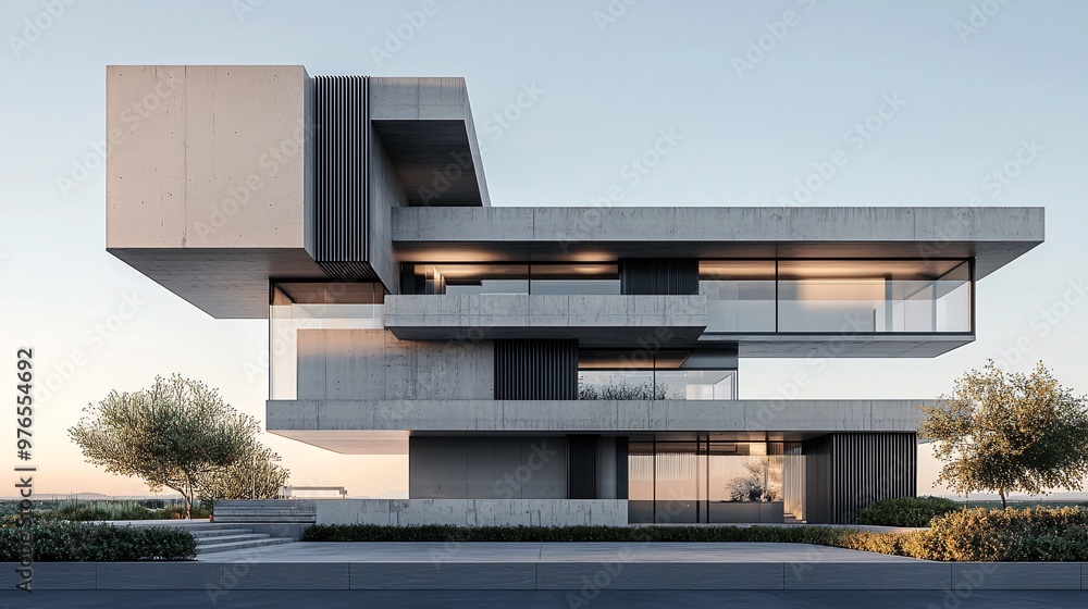 An architectural visualization of a Neo Brutalist structure with bold geometric shapes and exposed concrete textures, An architectural visualization of a Neo Brutalist structure with bold geometric shapes and exposed concrete textures,