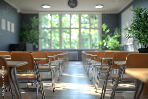 Empty Classroom 3D Render with Sunlight Streaming Through the Window