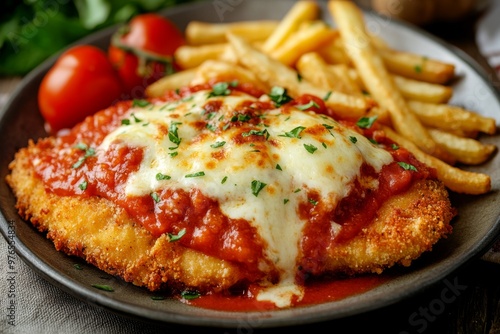 Chicken Parmigiana, A breaded chicken schnitzel topped with tomato sauce and melted cheese, often served with chips (fries) and a side salad.