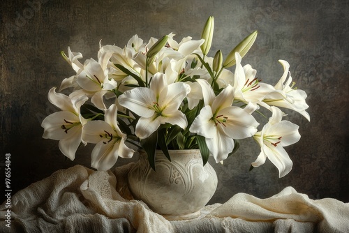 A vase of white flowers sits on a table. The flowers are in full bloom and are arranged in a way that makes them look like they are in a bouquet. The vase is white and has a simple design