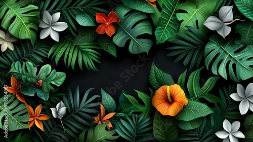 A botanical illustration featuring exotic flowers and leaves in a dense, jungle-like setting, capturing the essence of tropical nature,