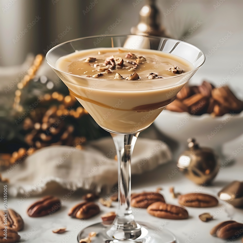 Creamy cocktail with pecan garnish in a martini glass. Creamy cocktail with pecan garnish in a martini glass.