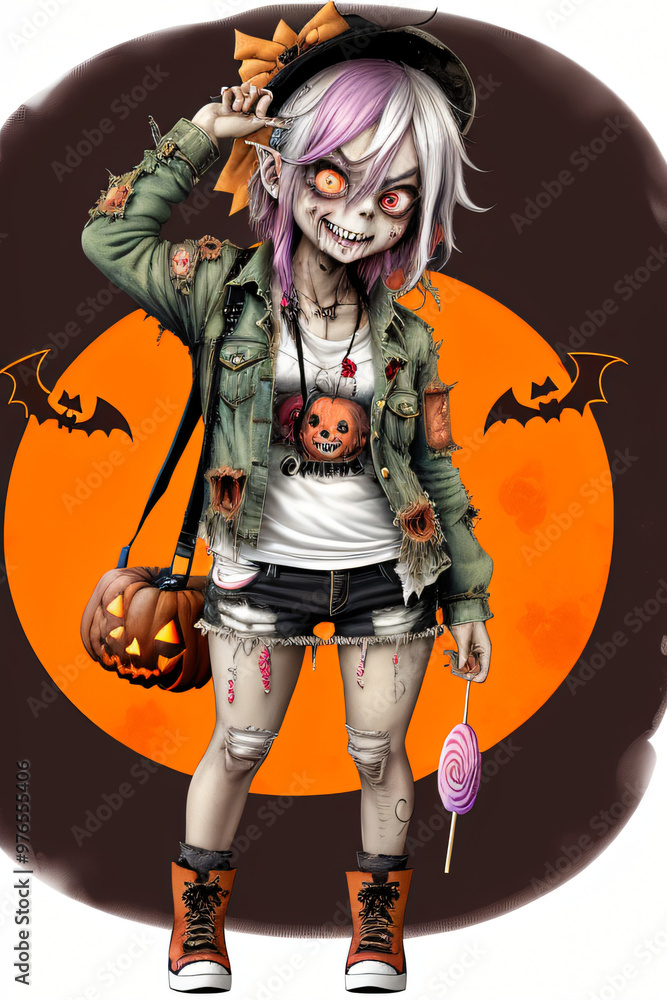 Playful Chibi Zombie with Halloween Lollipop Full-Body Illustration Playful Chibi Zombie with Halloween Lollipop Full-Body Illustration