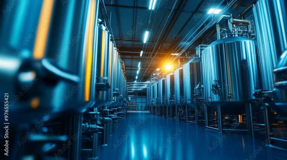 Modern industrial facility with rows of gleaming stainless steel tanks, showcasing the scale and efficiency of modern manufacturing. Modern industrial facility with rows of gleaming stainless steel tanks, showcasing the scale and efficiency of modern manufacturing.