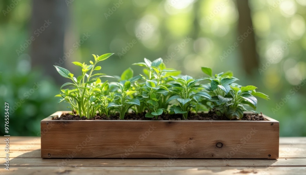 Outdoor wooden planter box with green plants
Outdoor wooden planter box with green plants
