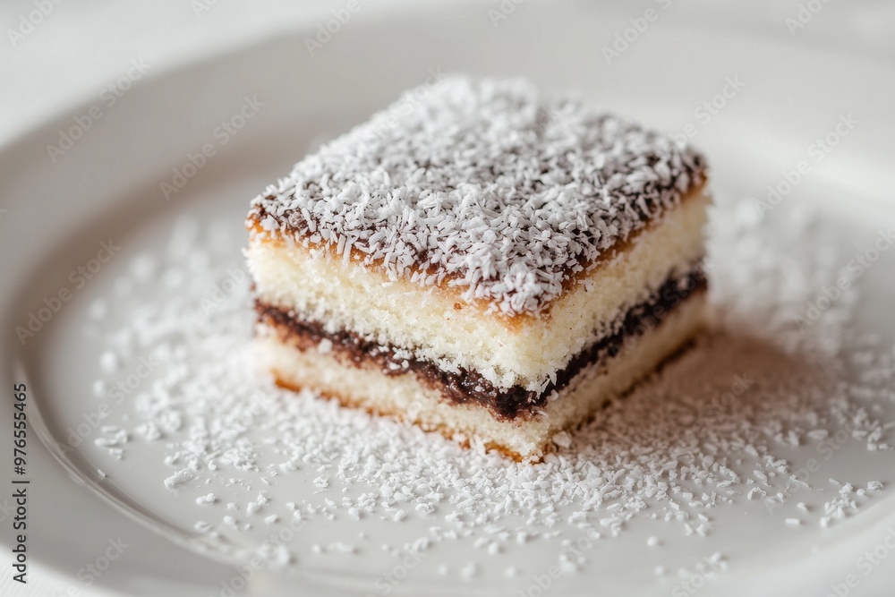 Lamington, A square sponge cake coated in a layer of chocolate sauce and rolled in desiccated coconut, often filled with a layer of cream or jam. Lamington, A square sponge cake coated in a layer of chocolate sauce and rolled in desiccated coconut, often filled with a layer of cream or jam.
