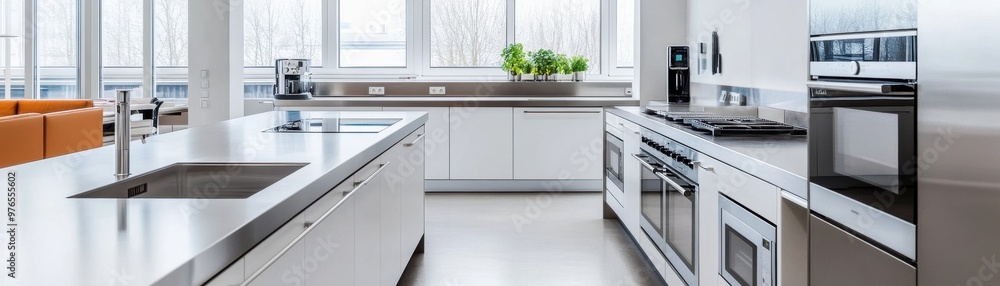 Modern kitchen with stainless steel appliances, white cabinetry, and minimalist design optimized for functionality and style. Modern kitchen with stainless steel appliances, white cabinetry, and minimalist design optimized for functionality and style.