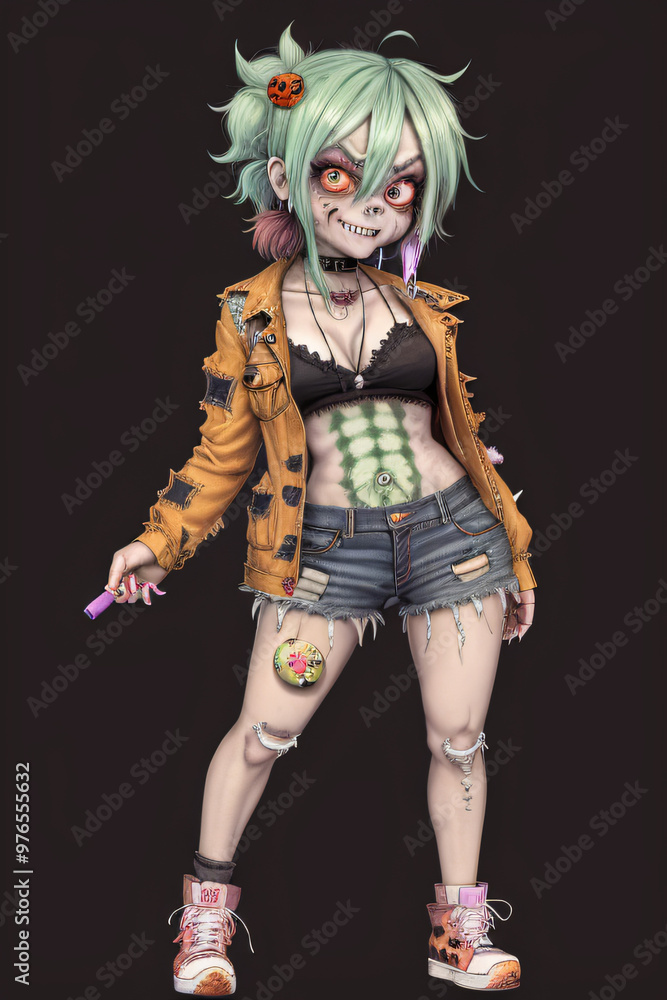 Playful Chibi Zombie with Halloween Lollipop Full-Body Illustration Playful Chibi Zombie with Halloween Lollipop Full-Body Illustration