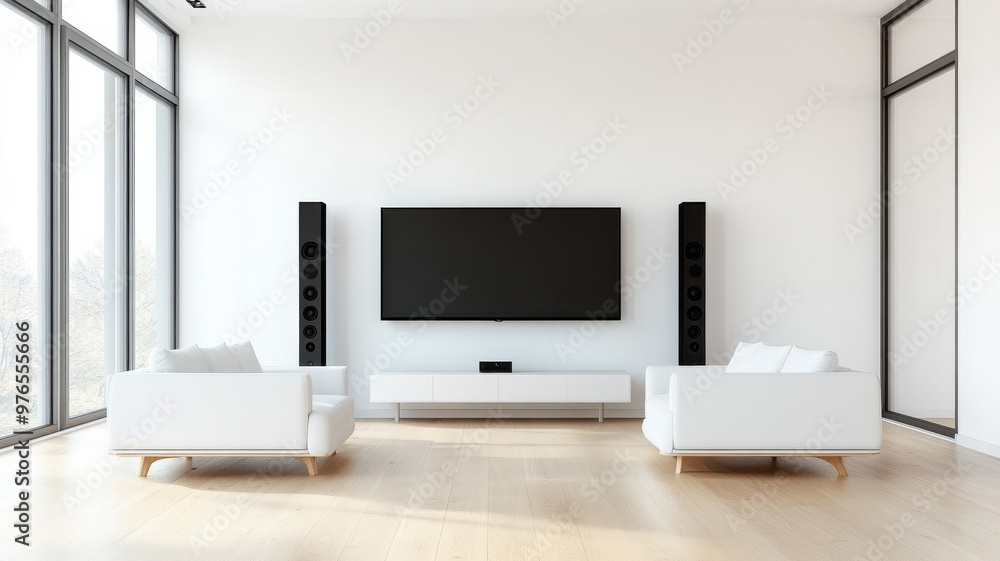 Modern living room with white sofas and large TV, featuring natural light and minimalistic decor for a stylish ambience. Modern living room with white sofas and large TV, featuring natural light and minimalistic decor for a stylish ambience.