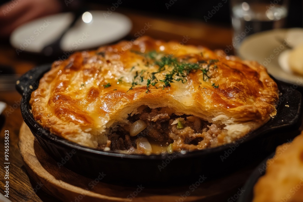 Meat Pie, A hand-sized pie filled with minced meat, gravy, mushrooms, onions, and sometimes cheese, considered a staple snack or meal. Meat Pie, A hand-sized pie filled with minced meat, gravy, mushrooms, onions, and sometimes cheese, considered a staple snack or meal.