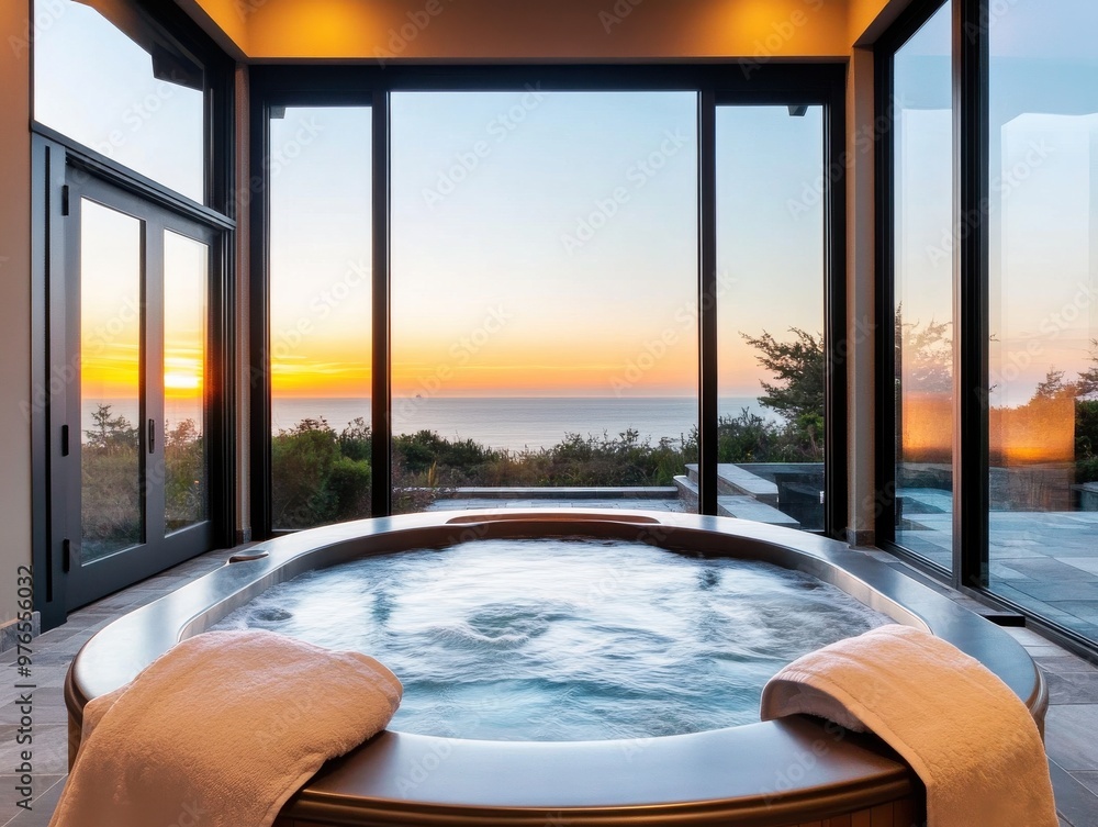 Obraz premium Relaxing spa with a stunning sunset view through glass windows, featuring a luxurious hot tub and comfortable towels.
