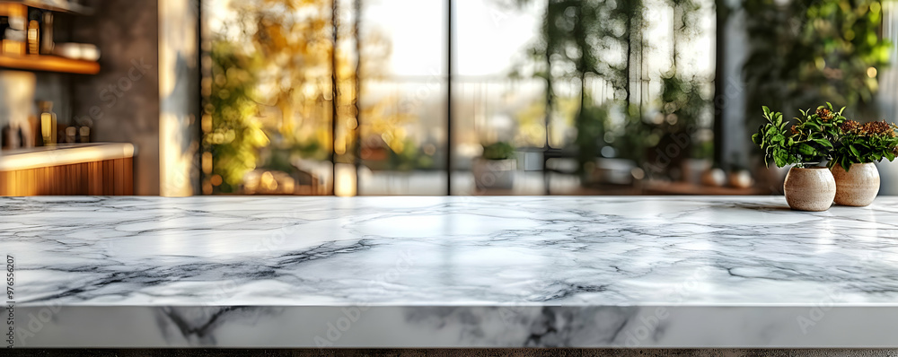 Empty White Marble Kitchen Countertop Background With Blurred Green Garden View Empty White Marble Kitchen Countertop Background With Blurred Green Garden View