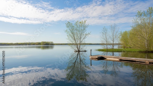 A photo of a serene landscape with a vast body of water, a small wooden dock, and a few trees. The water is calm and reflects the clear sky and the trees. The dock has a few wooden planks and a post. 