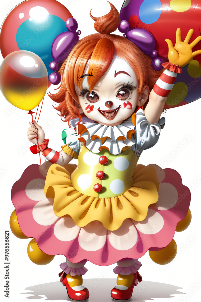 Playful scary Chibi Clown with Balloon Full-Body Illustration Playful scary Chibi Clown with Balloon Full-Body Illustration
