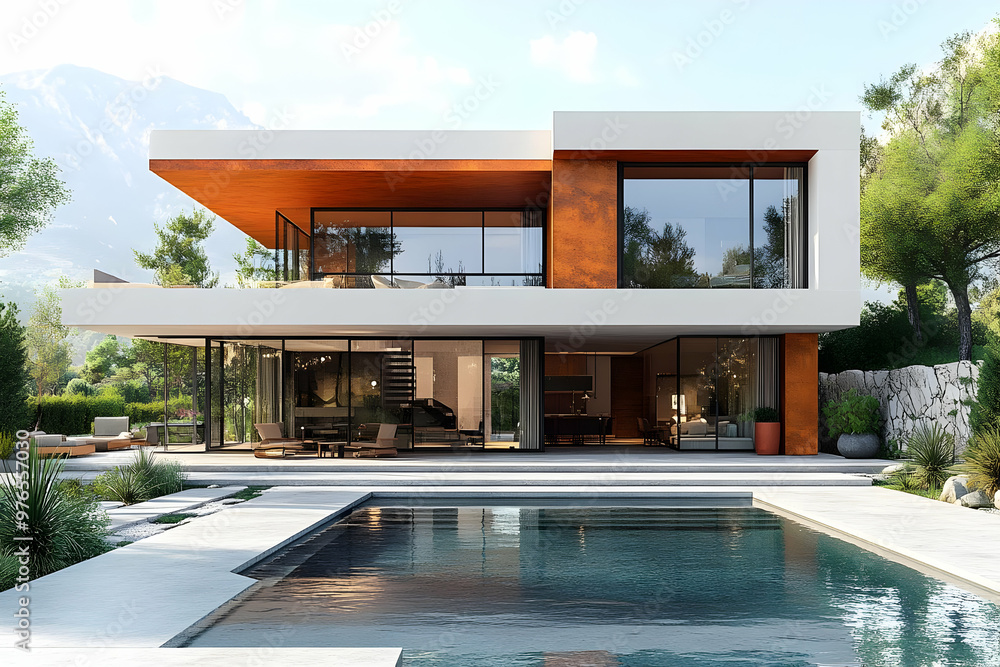 Modern Home Illustration with Swimming Pool and Mountain View Modern Home Illustration with Swimming Pool and Mountain View