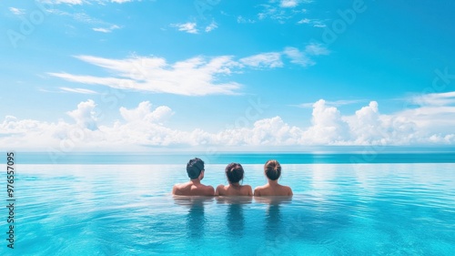 Three friends relax in a stunning pool, enjoying the serene view of the ocean and sky.