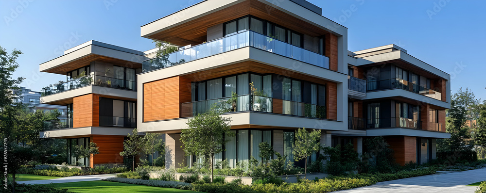 Modern Architectural Photo - Contemporary Apartment Building with Balconies and Greenery Modern Architectural Photo - Contemporary Apartment Building with Balconies and Greenery