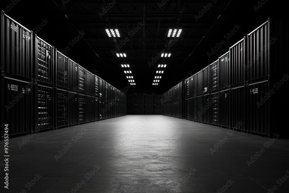Rows of shipping containers line a secure storage facility, illuminated by overhead lights, symbolizing efficiency, logistics, warehousing, distribution, and security.