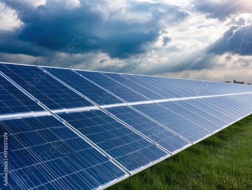 Vast solar panel field under dramatic clouds, showcasing renewable energy technology in a green landscape.