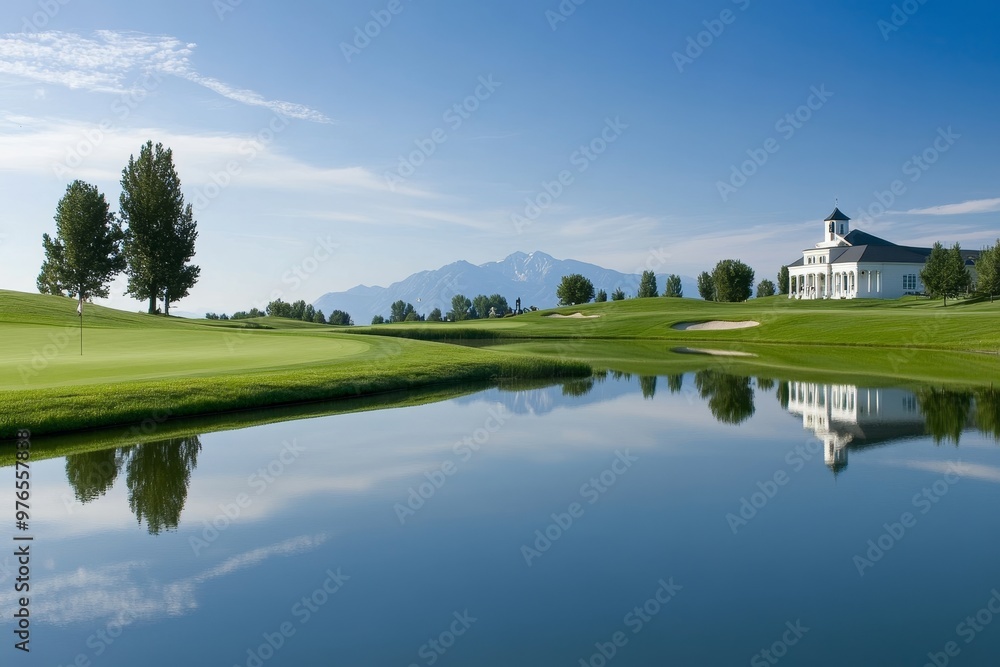 Fototapeta premium Scenic Golf Course with Lake and Clubhouse, featuring lush green fairways, a serene lake, and an elegant clubhouse in the background.