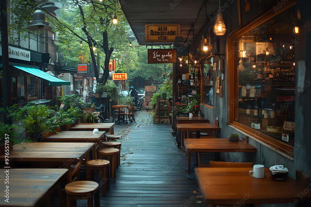 Empty Cafe Illustration With Wooden Tables, String Lights, And Lush Greenery Empty Cafe Illustration With Wooden Tables, String Lights, And Lush Greenery