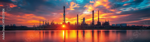 Oil Refinery Silhouette Reflected in Water at Sunset Illustration