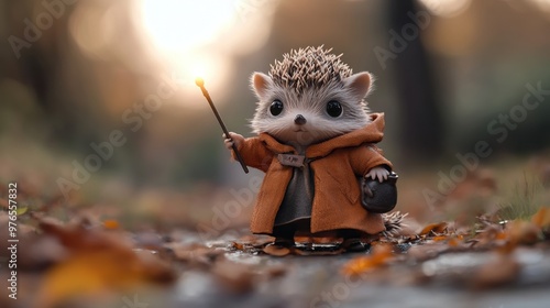 A charming hedgehog character wearing a cozy coat and holding a magical wand, surrounded by autumn leaves in a whimsical forest setting. photo