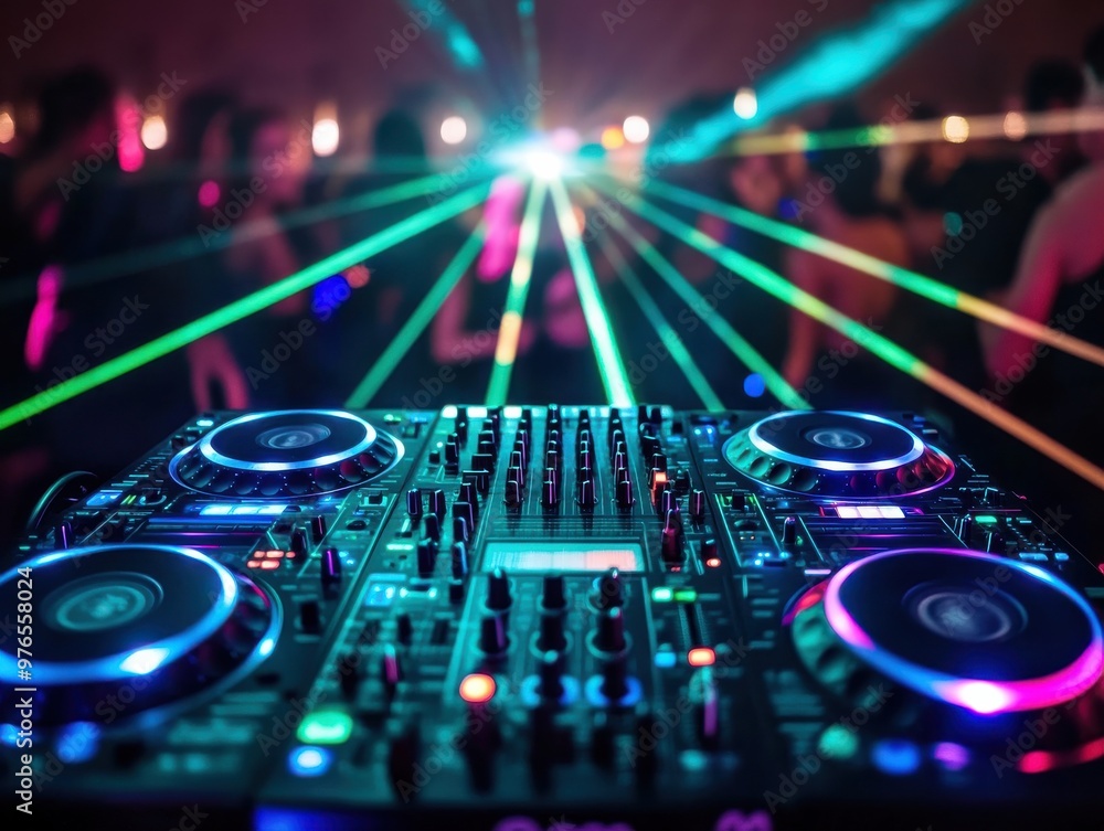 Fototapeta premium Vibrant DJ setup with colorful lights and lasers illuminating a lively party atmosphere.