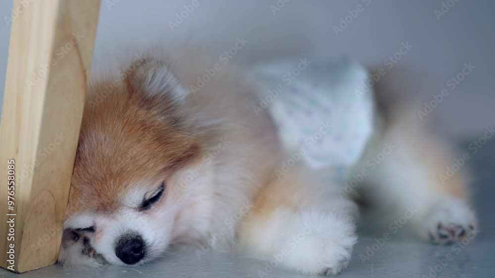 A small dog is sleeping on a wooden table. The dog is wearing a diaper. Concept of warmth and comfort, as the dog is snuggled up and resting on a soft surface A small dog is sleeping on a wooden table. The dog is wearing a diaper. Concept of warmth and comfort, as the dog is snuggled up and resting on a soft surface