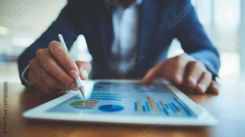 A businessman in a suit using a stylus to analyze data on a tablet. photo