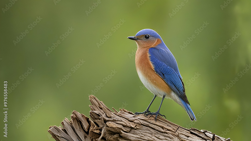 Eastern Bluebird male perched on stump with green bokeh sitting dried tree green background, Eastern Bluebird male perched on stump with green bokeh sitting dried tree green background,