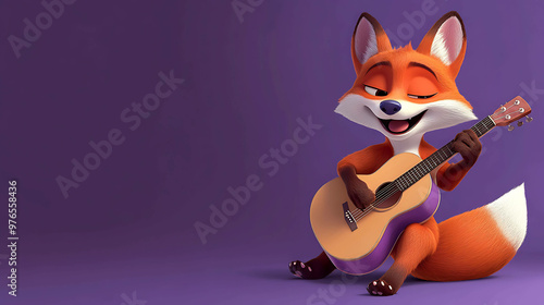 A cartoon fox plays a guitar on a purple background. photo