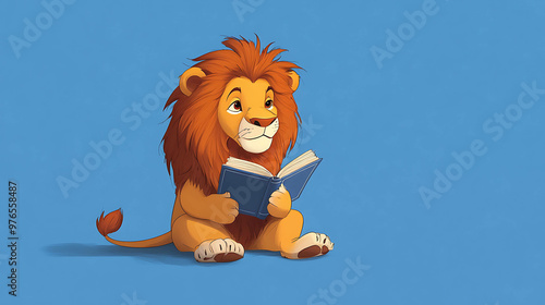 A cartoon lion cub sitting and reading a book. photo