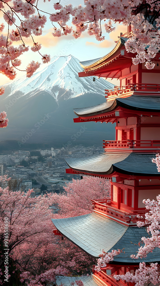 Japanese Pagoda with Mount Fuji and Cherry Blossoms Background Illustration Japanese Pagoda with Mount Fuji and Cherry Blossoms Background Illustration