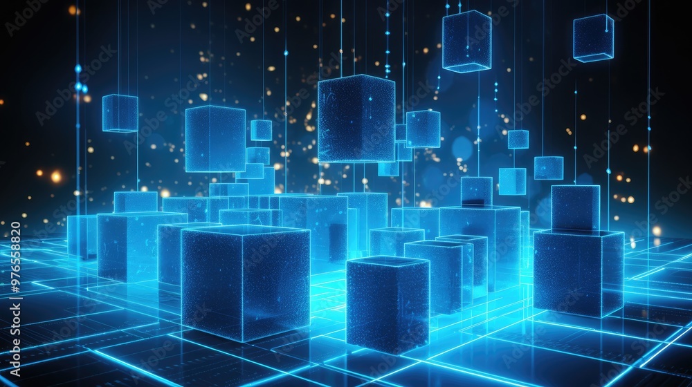 Obraz premium Abstract 3D digital futuristic background with glowing cubes.