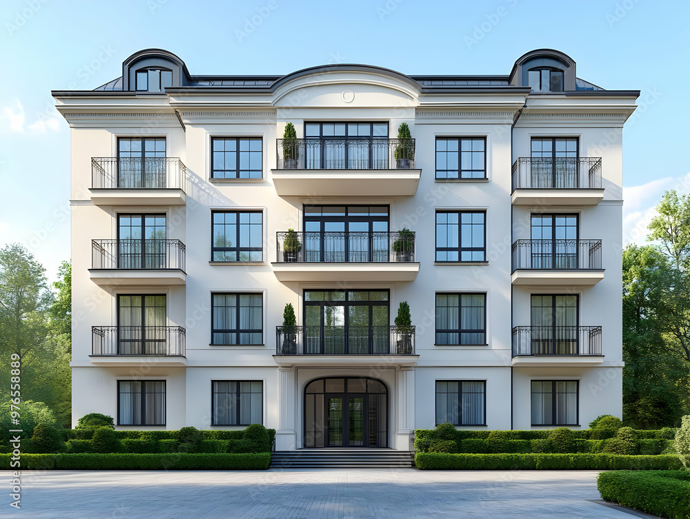 Modern White Apartment Building Facade Illustration with Balcony Gardens Modern White Apartment Building Facade Illustration with Balcony Gardens