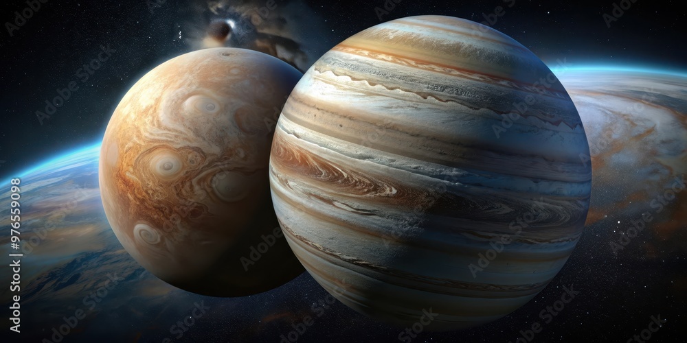 render of Europa moon orbiting Jupiter planet in outer space, Europa, moon, Jupiter, planet render of Europa moon orbiting Jupiter planet in outer space, Europa, moon, Jupiter, planet