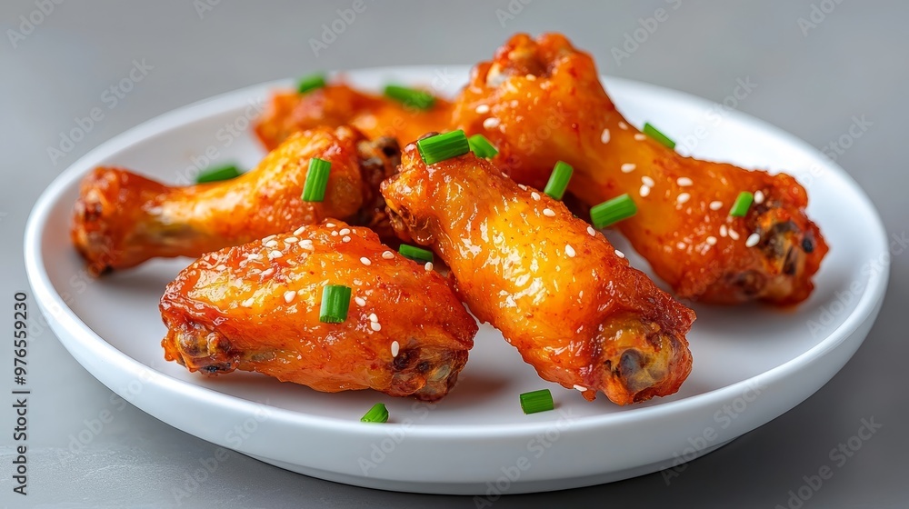 Spicy Korean Chicken Wings garnished with sesame seeds and chives on a white plate, perfect for appetizers and gatherings. Spicy Korean Chicken Wings garnished with sesame seeds and chives on a white plate, perfect for appetizers and gatherings.