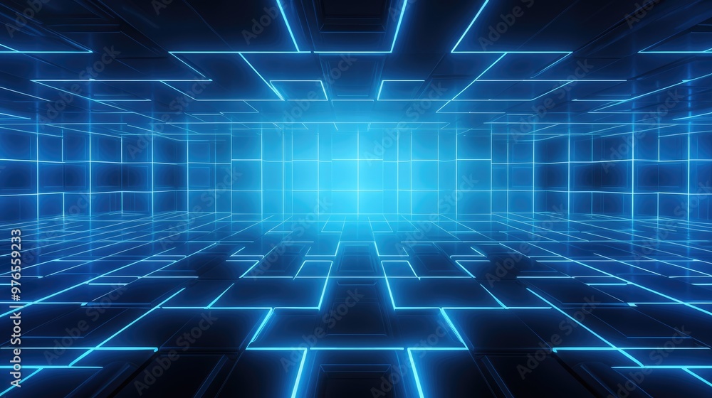 Abstract blue glowing lines forming a grid in a dark background, perspective view. Abstract blue glowing lines forming a grid in a dark background, perspective view.